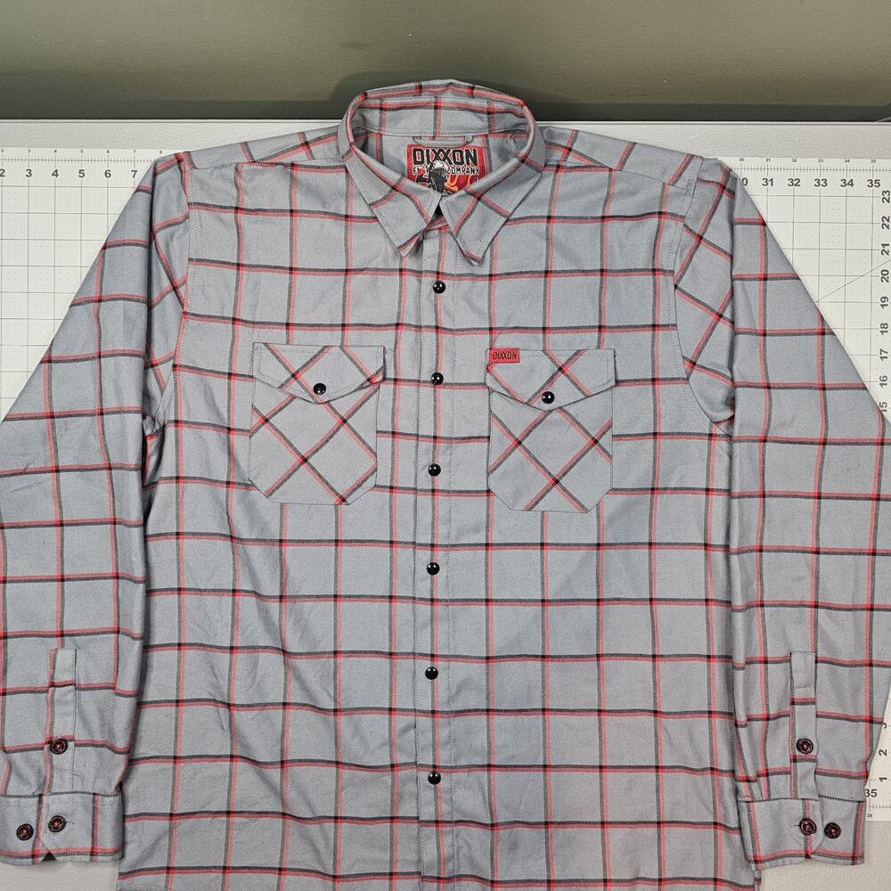 Dixxon Flannel Shirt Large Smoke Eater Gray Red Plaid Snap Western Firefighter